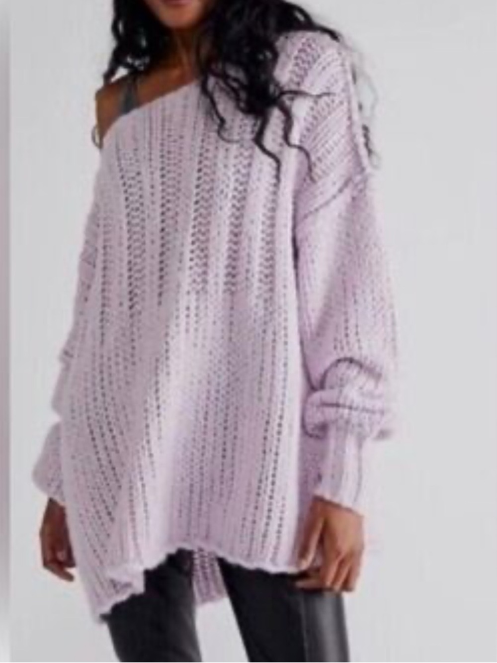 Free People Pastel Lilac Open-Knit Off-Shoulder Oversized Sweater
